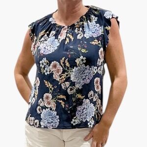 Daniel Rainn Navy Floral Ruffle Sleeve Blouse Top 100% Silk Size L‎